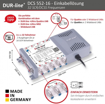 DUR-line DCS 552-16 Unicable-Multischalter mit 2X Wideband LNB - für 32 Teilnehmer - Made in Germany - 2 x 16 SCR/DCSS User Bands - kaskadierbar [Digital, HDTV, FullHD, 4K, UHD]