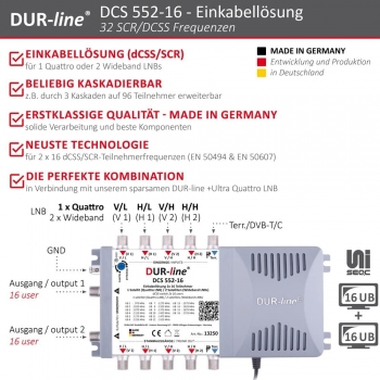 DUR-line DCS 552-16 Unicable-Multischalter mit 2X Wideband LNB - für 32 Teilnehmer - Made in Germany - 2 x 16 SCR/DCSS User Bands - kaskadierbar [Digital, HDTV, FullHD, 4K, UHD]