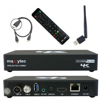 Maxytec MULTIBOX 4K UHD E2 Linux Receiver mit DVB-S2, DVB-C oder DVB-T2 Tuner inkl. WIFI Stick mit Antenne 150Mbit
