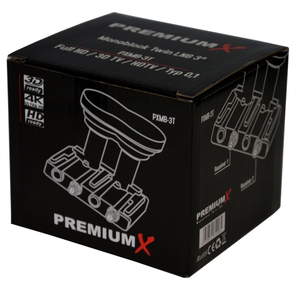 PremiumX Twin Monoblock LNB 3° PXMB-3T Sat für 2 Teilnehmer DVB-S2 UHD 4K